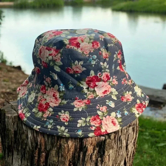 Boutique Handcrafted Flirty Feminine Floral Bucket Hat OSFM Teal with Roses - Picture 2 of 6